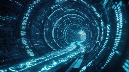 A futuristic digital tunnel displaying glowing data elements in motion