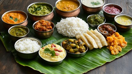 Traditional banana leaf meal showcases festive dishes for Ganesh Chaturthi celebration in a vibrant setting with assorted flavors
