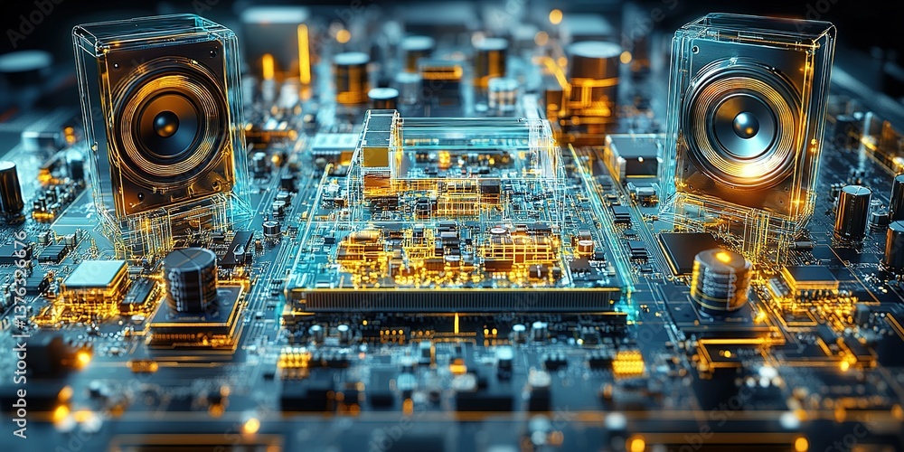 Poster circuit board with speakers showcasing advanced technology in electronic design and integration