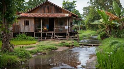 Obraz premium A typical Cambodian style house surrounded by rice fields and a stream.