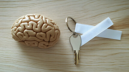 A clean view of a brain-shaped keychain placed next to a white ribbon on a light wooden surface