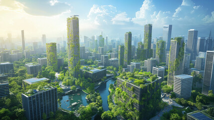 Obraz premium Futuristic eco city with green skyscrapers, sustainable urban architecture, vertical forest city