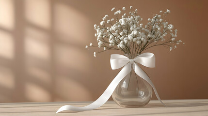 A clean view of a white ribbon tied around a glass vase placed on a light wooden table