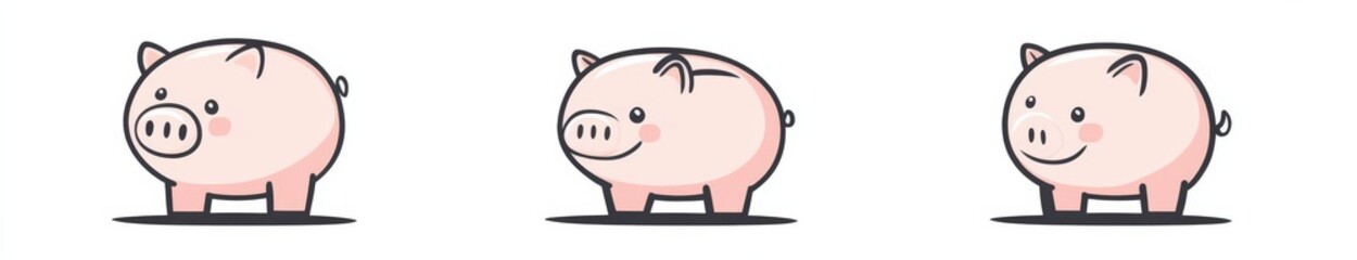 Fototapeta premium Minimalist line art piggy bank illustrations in flat design, featuring three views on a white background. Black outlines and pink accents emphasize simplicity and cartoon-like charm.
