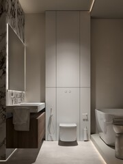 3d modern contemporary modern bathroom with mirror and bath