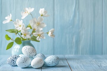 Obraz premium Delicate springtime blossoms in a pale blue vase, nestled beside speckled Easter eggs, a serene pastel scene of springtime renewal.