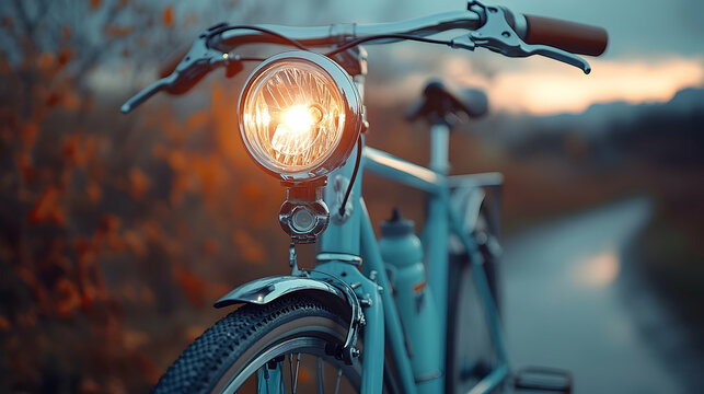 A close-up view of a bicycle headlight and front wheel on a clean background symbolizing night cycling safety - Powered by Adobe