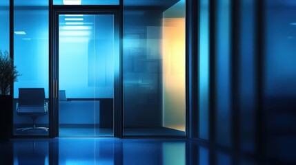 Blurred office interior with glass door and blue lighting, showcasing a modern business environment, ideal for corporate design themes.