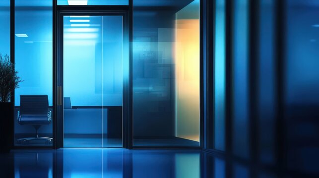 Blurred office interior with glass door and blue lighting, showcasing a modern business environment, ideal for corporate design themes.