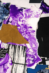 Abstract collage background created from layered torn paper pieces. Features vibrant purple paint...