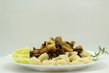 boiled pasta with seafood and cucumber