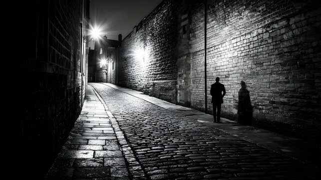 Fototapeta Solitary Figure Walking Down a Dark Night Alley