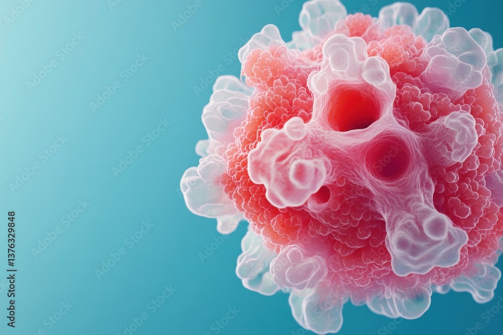 Poster detailed representation of a pink and red cell, showcasing its intricate structures on a smooth blue