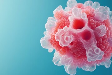 Detailed representation of a pink and red cell, showcasing its intricate structures on a smooth blue backdrop, creating a striking contrast