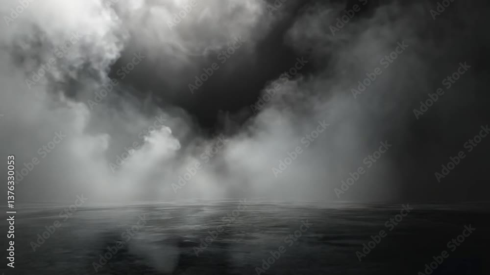 Poster ethereal light breaking through a dark and mysterious fog over a calm water surface, creating a drea