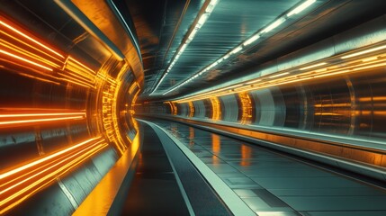 A futuristic tunnel with glowing orange and white lighting effects