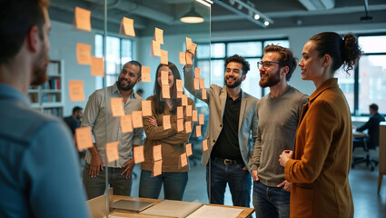 Businesspeople collaborating in modern office, using sticky notes on glass task board during meeting focused on innovative ideas, young adult men and women organizing workflow in brainstorming session