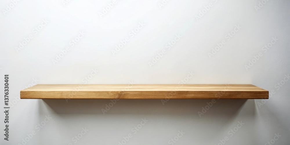 Poster empty light wood shelf against a neutral backdrop, perfect for showcasing products or design element