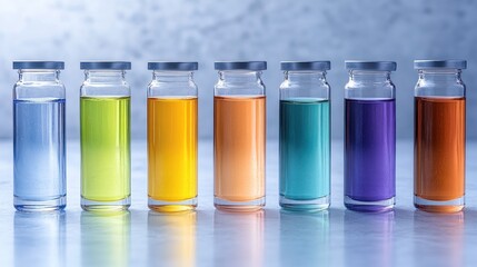 Colorful vials of liquid, a vibrant array of colors in glass bottles, pharmaceutical research, medical science, laboratory experiment.