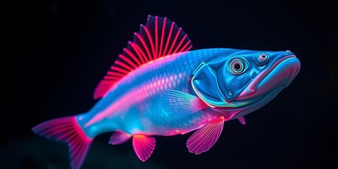 Fototapeta premium Vibrant aquatic creature with iridescent scales and fins, swimming in a dark environment, exhibiting a captivating display of bioluminescence