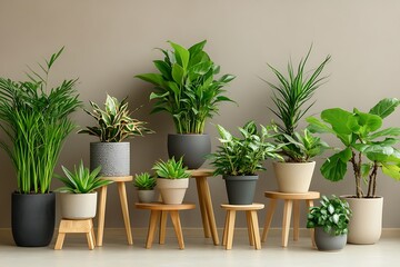 Obraz premium Group of Indoor Potted Plants on Wooden Stools Against Neutral Wall, Modern Interior