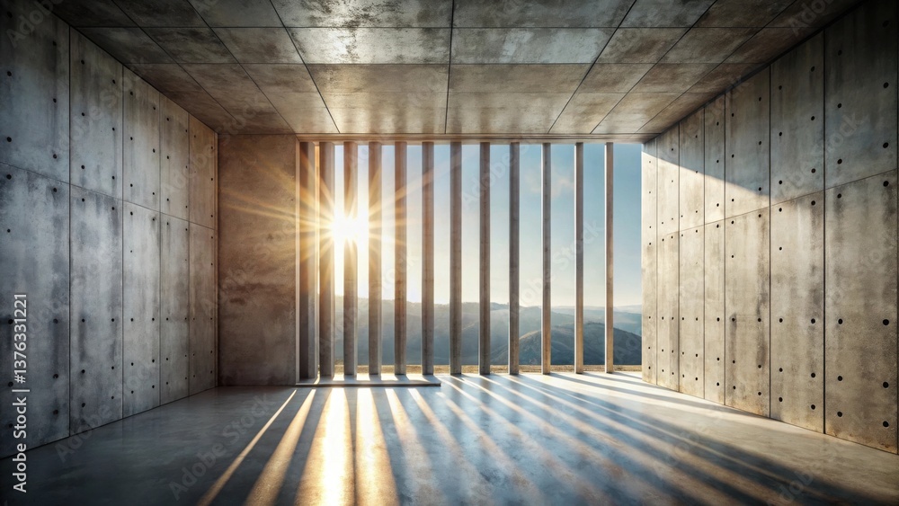 Aufkleber sunlit concrete room with a view of distant hills through vertical slats
