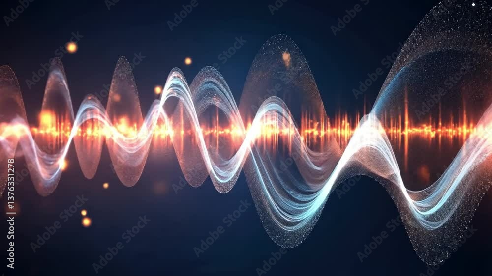 Poster vibrant sound waves with digital particles creating an abstract background for music and technology 
