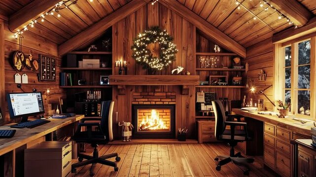 Cozy Cabin Office with Fireplace and Christmas Decor