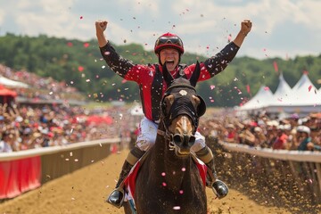 Exciting moment at the horse racing event as jockey celebrates victory while riding proudly amidst cheering crowd