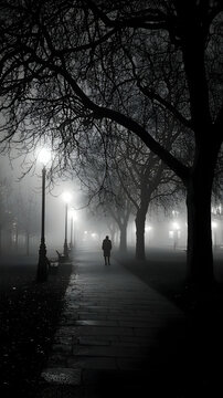Fototapeta Solitary Figure Walking Through Foggy City Street at Night