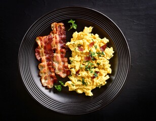 Scrambled eggs with bacon on black plate, top view, generative AI