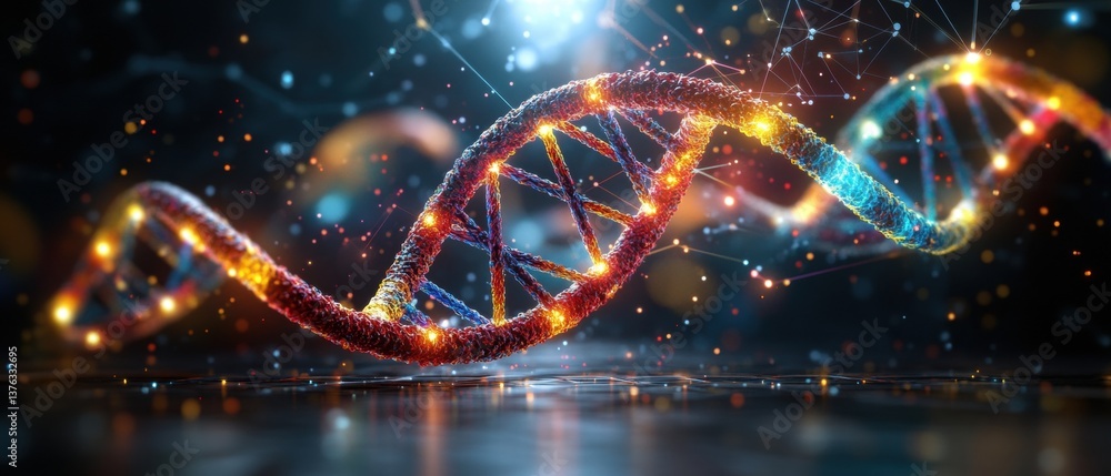 Poster stylized dna double helix glowing with warm and cool light on dark background with glitte particles 