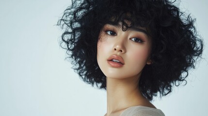 Studio portrait of young asian woman with curly hair and professional makeup, showcasing beauty and skincare