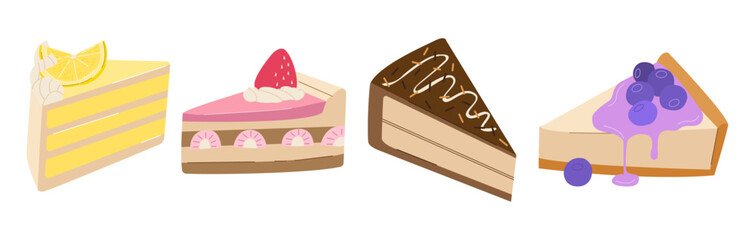 Cakes slices pieces isolated on white. Set of birthday cakes. Clip art for cafe and restaurant menu. Vector illustration for postcards and stickers.