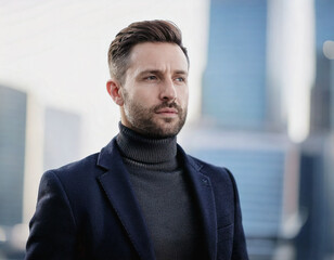 Naklejka premium Elegant European White Male Manager in Turtleneck and Blazer in Urban Business District with Skyscrapers