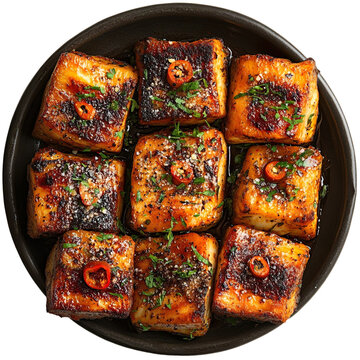 Top view of a delicious looking baked samak harra on a dark ceramic platter isolated on a white transparent background