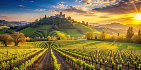 Golden Hour Vineyard and Hilltop Castle Panorama A Breathtaking Sunrise Scene