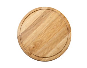 Top view round wooden kitchen board PNG cutout  High-resolution mockup of a rustic wood chopping board isolated on a transparent background, for restaurant branding, menus, creative design project