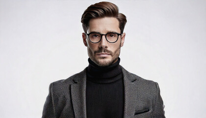 Obraz premium Elegant European White Male Manager in gray Turtleneck and Blazer on White Background