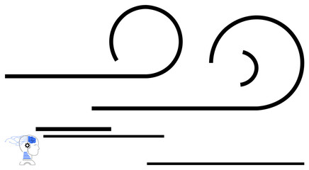 Sweeping black lines forming wind currents and spirals paired with a small human head radiating thoughts. Ideal for innovation, creativity, mental health, brainstorming, problem-solving, energy