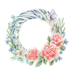 Spring wreath made of vine with flowers roses, hydrangea, apple tree and butterfly. Watercolor illustration hand drawn in soft pastel colors. Round frame, wreath, template isolated from background.