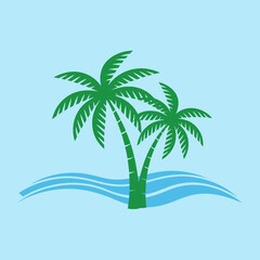 Obraz premium Stylized Palm Trees and Waves: Minimalist Beach Scene Illustration for Summer and Vacation Themes