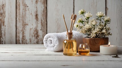 Relaxing spa setting with natural oils, fresh flowers, and calming elements for a serene experience