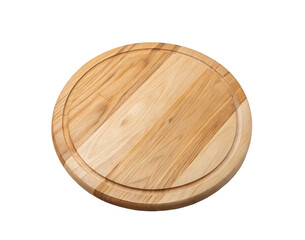 Round wooden cutting board with a smooth finish, isolated on a white background in a transparent PNG format, ideal for restaurant menus, cooking blogs, or food-related design projects