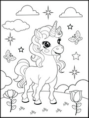 Bold and Easy Printable Unicorn Coloring Page for Kids. Cute, Hand-Drawn, Black and White Coloring Sheet with Cartoon Characters and Simple Doodles