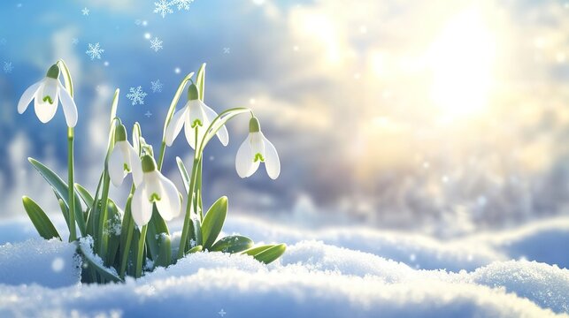A realistic winter scene with a cluster of snowdrops (white flowers) emerging from the snow, green leaves contrasting with the white snow, a blurred snowy background