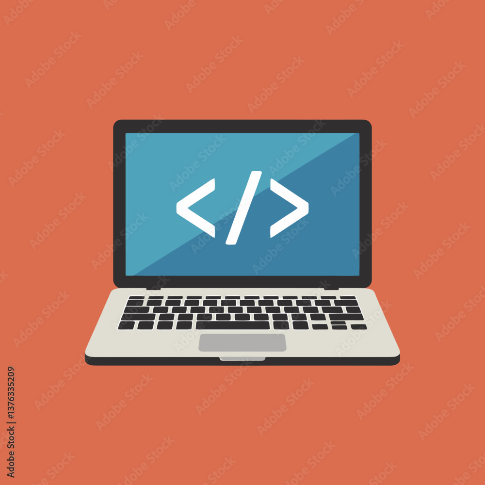 Poster coding on laptop: minimalist flat design for web development illustration