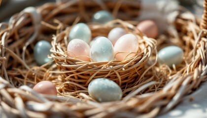 Obraz premium Pastel Easter Eggs Nestled in a Woven Basket Filled with Straw