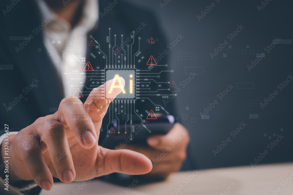 Aufkleber cyber security or ai technology scam alert concept. businessman showing data protection or warning a