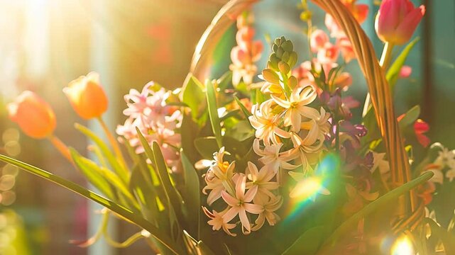 Bright floral bouquet in a woven basket against a sunny background  